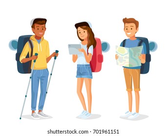 Set group of young tourists traveling people with travel bag backpack, map,  and  trekking equipments going on vacation trip. Travelers portrait collection .Travel and tourism concept.