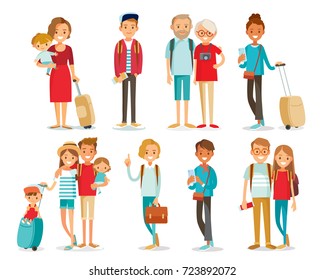 Set group of young tourists traveling people with travel bag backpack and map, family of 4 four with kids sun daughter going on vacation trip. Travelers portrait collection .Travel and tourism concept