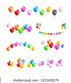 Set of Groups and Bunches of Colorful Helium Balloons on White Background . Isolated Vector Elements