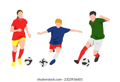 set of groups of female, boy and male football players. sports theme, football, activity. flat vector illustration.