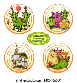 Set of Groups Funny Colorful Cartoon Characters, Different Monsters, Elements for your Design, Prints and Banners, Isolated on White Background. Vector