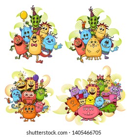 Set of Groups Funny Colorful Cartoon Characters, Different Monsters, Elements for your Design, Prints and Banners, Isolated on White Background. Vector