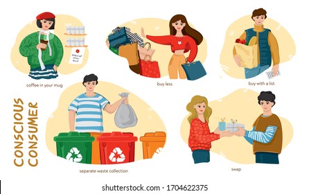 Set of groups of people consciously consumer lifestyle. Collection of various people who live an environmentally friendly lifestyle. Preservation of the environment, eco living. Vector illustration.