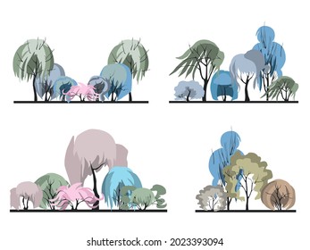 A set of groups of plants with an unusual crown in the form of a female hairstyle. Architectonics of woody plants. Landscape architecture in colors 2021