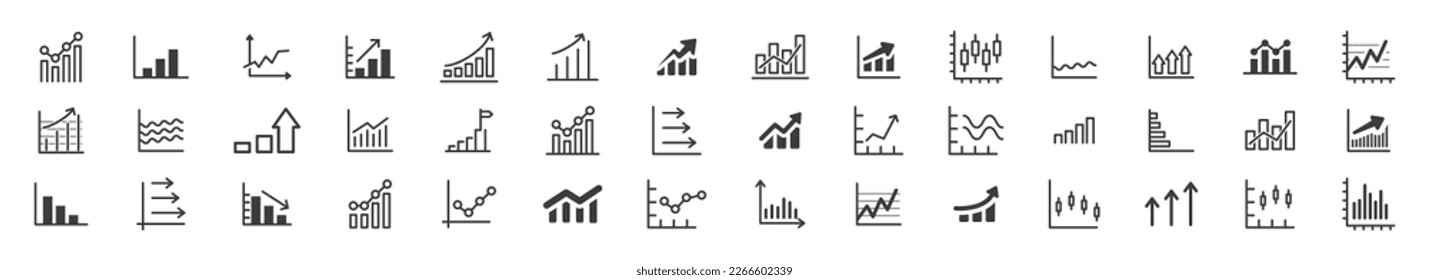 Set of growing bar graph icons. Business chart with arrow. Growths chart collection. Statistics and analytics. Vector isolated illustration.