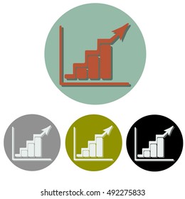 Set of growing bars graphic icons with rising arrow. Flat vector illustration. Light blue circle.