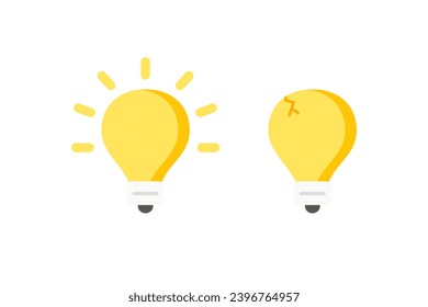 Set of growing and broken light bulb. Creativity, investment, business, idea, brainstorm concept. Flat vector design illustration isolated on white background.