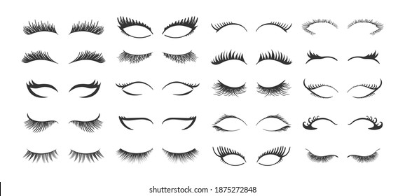 Set for growing the eyelashes isolated on white background. Bottled eyelashes of girls. Natural effect mascara. Professional glamor makeup. Black and white vector illustration of closed eyes.