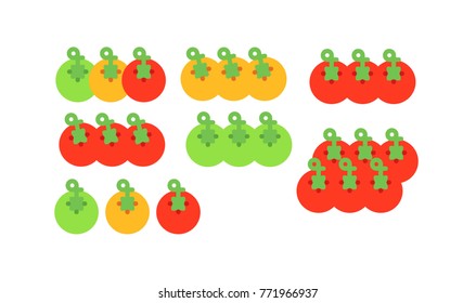Set of growing tomatoes, red yellow and green tomatoes, unripe tomatoes, ripe tomatoes. Flat style, vector, isolated