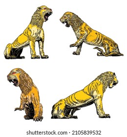 Set of grown up big tigers, collection of wildlife and exotic predator’s fauna, big cats.  Vector.