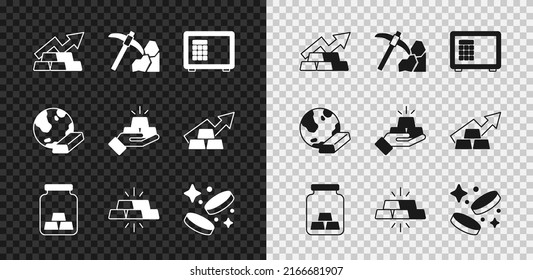 Set Growth arrow with gold bars, Gold mining, Safe, coin money,  and  icon. Vector