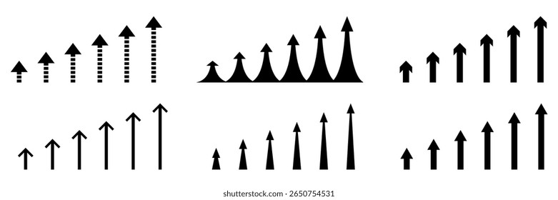 Set growth arrow vector, providing multiple visual representations of increase and progress. Ideal for business reports, financial charts, or illustrating positive development and expansion.