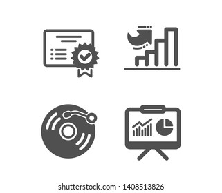 Set of Growth chart, Certificate and Vinyl record icons. Presentation sign. Diagram graph, Verified document, Retro music. Board with charts.  Classic design growth chart icon. Flat design. Vector