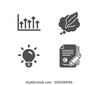 Set of Growth chart, Light bulb and Ð¡opyright chat icons. Copywriting sign. Upper arrows, Lamp energy, Speech bubble. Ð¡opyright signature.  Quality design elements. Classic style. Vector