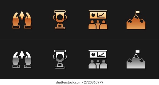 Establezca la tabla de crecimiento y el progreso, la taza de premio, la formación, la presentación y las montañas con el icono de la bandera. Vector