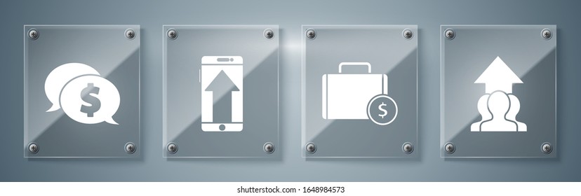 Set Growth chart and progress in people crowd, Briefcase and money, Smartphone, mobile phone and Speech bubble with dollar. Square glass panels. Vector