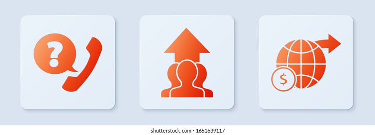 Set Growth chart and progress in people crowd, Telephone handset and speech bubble chat and Earth globe with dollar. White square button. Vector