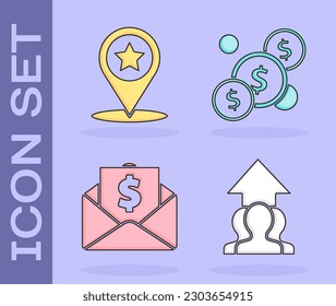 Set Growth chart and progress in people crowd, Map pointer with star, Envelope with coin dollar and Coin money with dollar icon. Vector