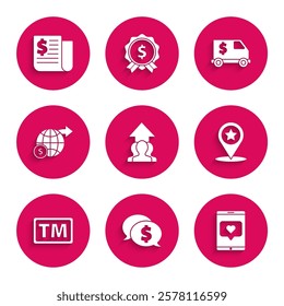 Set Growth chart and progress in people crowd, Speech bubble with dollar, Mobile phone like heart, Map pointer star, Trademark, Earth globe, Armored truck and Financial news icon. Vector