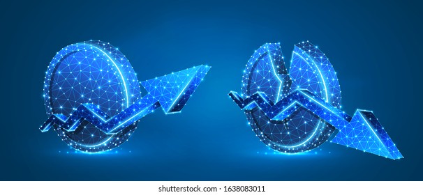 Set of Growth and downtrend arrows on a blank and broken coin. Unstable finance, broken circle, market trend concept. Abstract polygonal image on blue neon background. Low poly 3d vector illustration