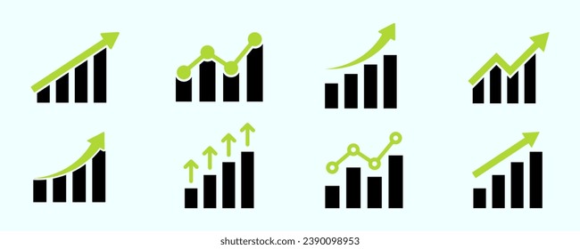 Set of growth graph vector icons. Business chart. Green financial rise up.