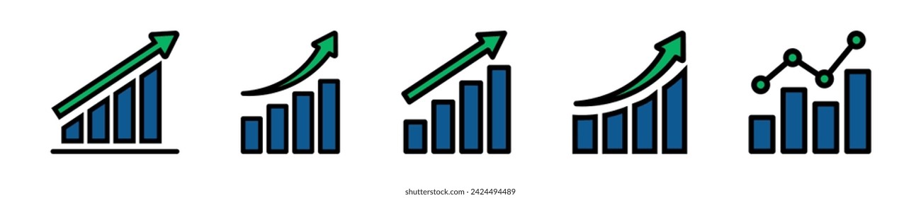 Conjunto de iconos vectoriales de gráfico de crecimiento. Gráficos de negocio. El crecimiento financiero.