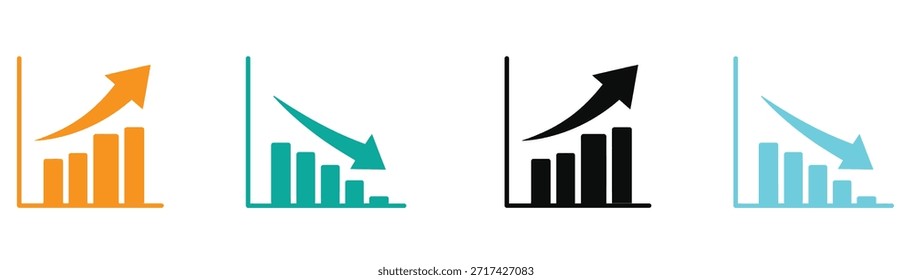 Conjunto de iconos de vector de gráfico de crecimiento. Gráfico de negocios. Aumento financiero. Aumente las ganancias. Iconos de gráficos de barras coloridos que muestran las tendencias de crecimiento y disminución.