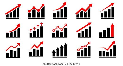 Set growth graphs charts line icons set. Data elements, bar and pie, diagrams for business infographics. Visualization of data statistic and analytics. Financial rise up. Increase profit.