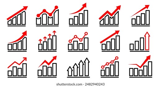 Set growth graphs charts line icons set. Data elements, bar and pie, diagrams for business infographics. Visualization of data statistic and analytics. Financial rise up. Increase profit.