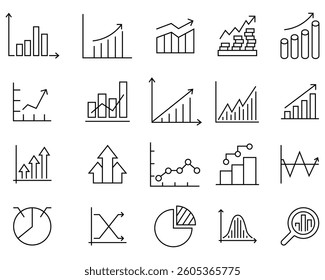 Set growth graphs charts line icons set. Business graphs and charts icons. 
Growing graph icon on white background. Growing bar graph increase and decrease flat icon. Vector Illustration.