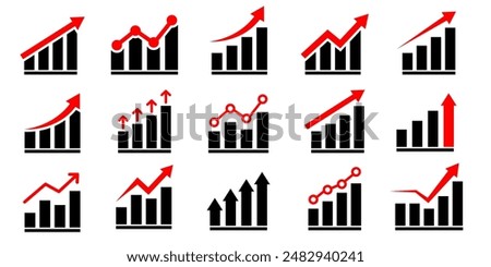 Set growth graphs charts line icons set. Data elements, bar and pie, diagrams for business infographics. Visualization of data statistic and analytics. Financial rise up. Increase profit.