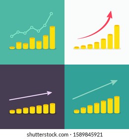 Set Of Growth Graphs With Increasing Stacks Of Dollar Coins. Linear, Nonlinear And Exponential Diagrams. Top Down View Flat Vector Illustration. Business And Statistic Concept 