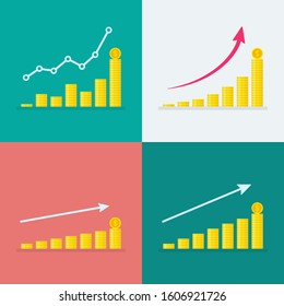 Set Of Growth Graphs With Increasing Stacks Of Dollar Coins. Linear, Nonlinear And Exponential Diagrams. Side View Flat Vector Illustration. Business And Statistic Concept 