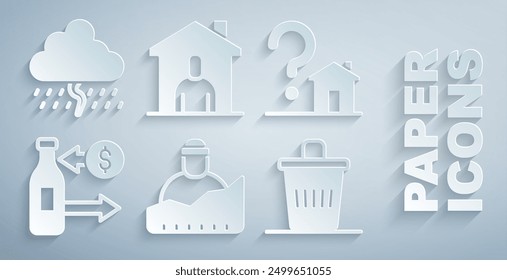 Set Growth of homeless, House with question mark, Reception glass bottles, Trash can, Shelter for and Cloud rain icon. Vector