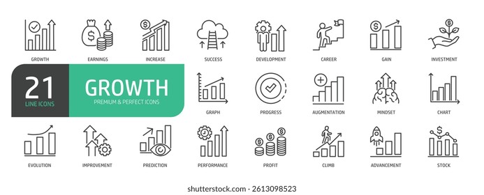Set Of Growth Line Icons. Contains such icons as Earnings, Increase, Success, Career, Investment, Progress, Mindset, Evolution, Profit, and more.
