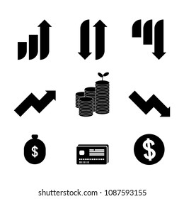 Set of growth statistic vector icon isolated on white background - crisis graph, monitor, point, arrow up
