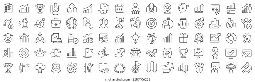 Set of growth and success line icons. Collection of black linear icons