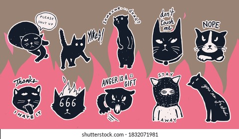 A set of " Grumpy Antisocial cats" mean concept pins/ stickers design collection, cute, fun and bad anti social vibe, simple monotone pastel color, flat hand drawn style