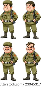 Set of grumpy army officer cartoon character illustration