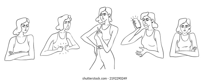 Eine Reihe gruseliger junger Frauen. Doodle Mädchen mit unterschiedlichen negativen Emotionen. Vektorskizzen unfreundlicher weiblicher Charaktere. Einzige junge Menschen mit schlechter Laune auf weißem Hintergrund.