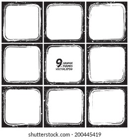 Set of grunge 9 vector frames. Grunge textured vector frames. Vector background. Vintage frames. Retro frames. Vector web banners. Vector collection