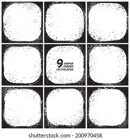 Set of grunge 9 vector frames. Grunge textured vector frames. Vector background. Vintage frames. Retro frames. Vector web banners. Vector collection