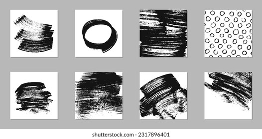 Set of grunge abstract backgrounds. Black ink marks, brush strokes, patterns.