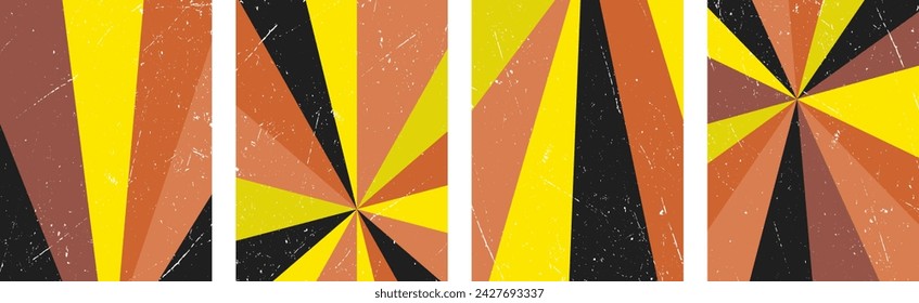 Set of grunge abstract vertical retro backgrounds with yellow, brown and black ray stripes. Groovy sunburst vintage scratched grain texture