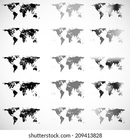 Set of grunge abstract world maps. Vector illustration. 