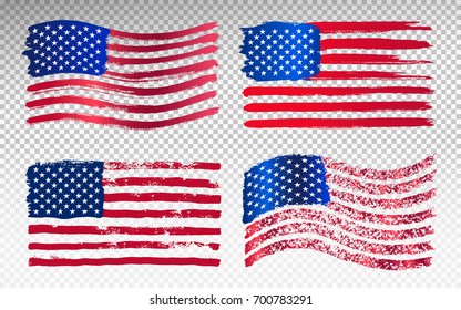 Juego de banderas americanas. Bandera acuarela de Estados Unidos. Ilustración vectorial. Aislado sobre un fondo transparente