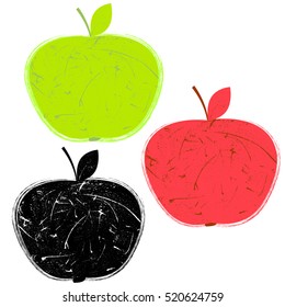 Set of grunge apples. Three scratched textured apples in different colors. Vector illustration.