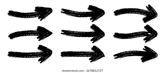 Set of Grunge Arrow. hand drawn grunge curved charcoal, chalk arrows. Best bold brush drawn arrows and squiggle lines. Black Hand drawn vector.	