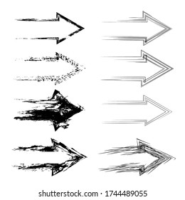 Set of grunge arrows with hatching and scuffs. Direction indicator. Vector object for icons, logos, badges and your design.
