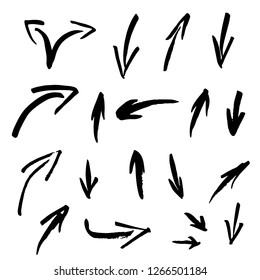Set of grunge arrows isolated on white background. Vector ink brush signs.